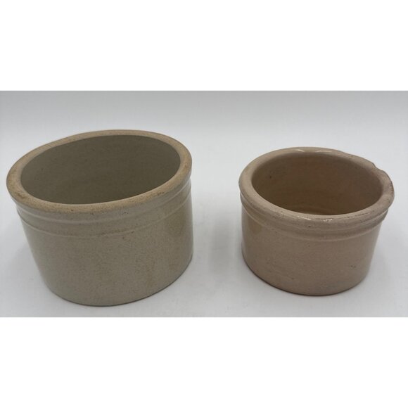 Set Of 2 Vtg Stoneware Crocks 3.5"x5"/3"x4" Rustic Decor Farmhouse One has chip - Picture 2 of 9